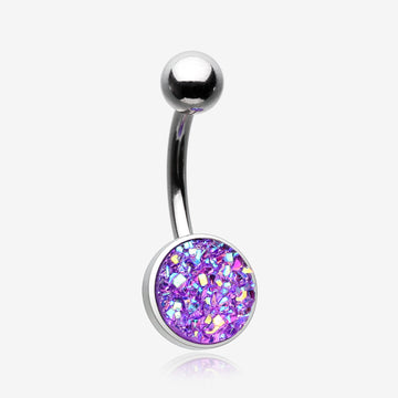 Iridescent Druzy Sparkle Steel Belly Button Ring-Purple
